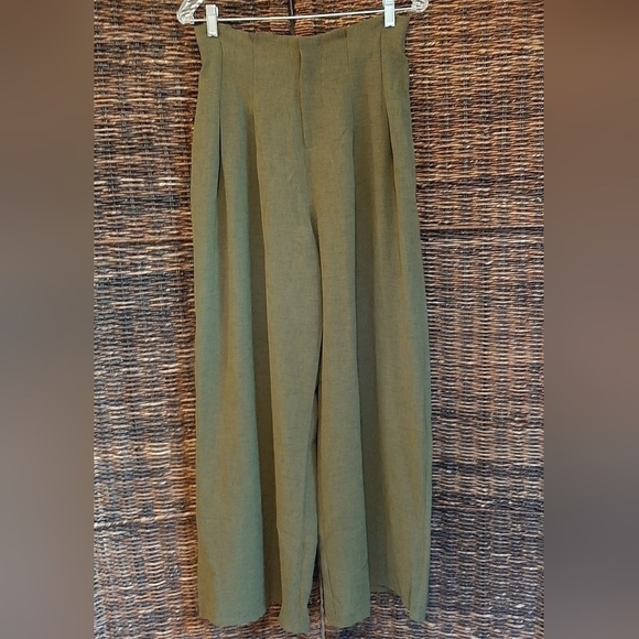 NWT EE:Some Small Paperbag Waist High Rise Wide Leg Boho Trouser Pants Green - Picture 1 of 8